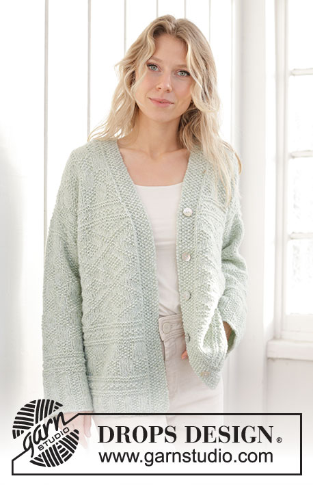 Mint Dream Cardigan / DROPS 241-35 - Knitted jacket in DROPS Air. The piece is worked bottom up with relief-pattern, diagonal shoulders and shawl-collar. Sizes XS - XXXL.
