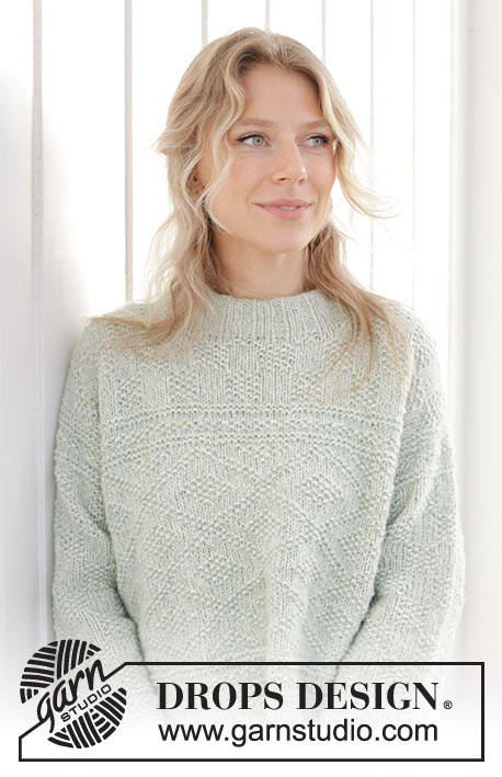 Mint Dream Sweater / DROPS 241-36 - Knitted jumper in DROPS Air. The piece is worked bottom up with relief-pattern, diagonal shoulders and double neck. Sizes XS - XXXL.