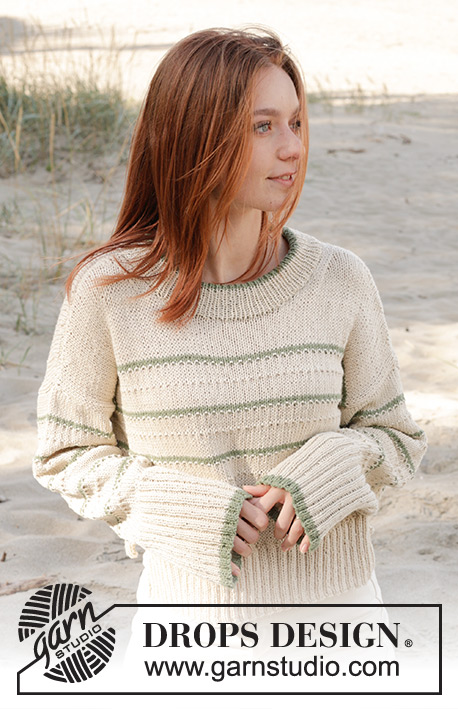 Promise of Spring / DROPS 241-7 - Knitted sweater in DROPS Belle or DROPS Merino Extra Fine. The piece is worked bottom up with stockinette stitch, textured pattern, stripes and double neck. Sizes S - XXXL.