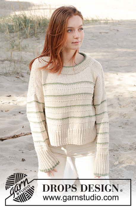 Promise of Spring / DROPS 241-7 - Knitted jumper in DROPS Belle or DROPS Merino Extra Fine. The piece is worked bottom up with stocking stitch, textured pattern, stripes and double neck. Sizes S - XXXL.