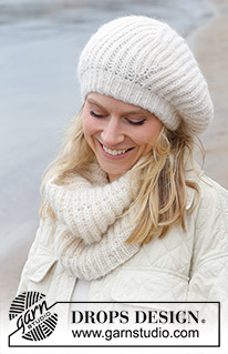 Crème Chantilly / DROPS 242-5 - Knitted neck-warmer and beret in DROPS Alpaca and DROPS Brushed Alpaca Silk. The piece is worked bottom up with English rib.