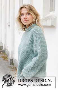 Sea Foam Sweater / DROPS 243-14 - Crocheted jumper in DROPS Air. The piece is worked top down, with round yoke and double neck. Sizes S - XXXL.