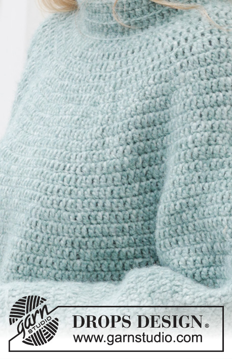 Sea Foam Sweater / DROPS 243-14 - Pulôver crochetado de cima para baixo, em DROPS Air. Crocheta-se com encaixe arredondado e gola dobrada. Do S ao XXXL.