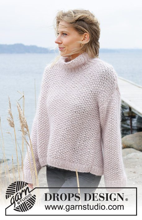 Dandelion Wish Sweater / DROPS 243-16 - Knitted oversized jumper in 1 strand DROPS Air and 2 strands DROPS Kid-Silk. The piece is worked bottom up, with moss stitch and high neck. Sizes XS - XXL.