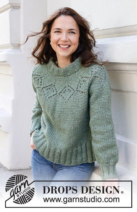 Sage Advice / DROPS 243-17 - Knitted jumper in DROPS Snow or DROPS Wish. The piece is worked top down with round yoke and lace pattern. Sizes XS - XXL.
