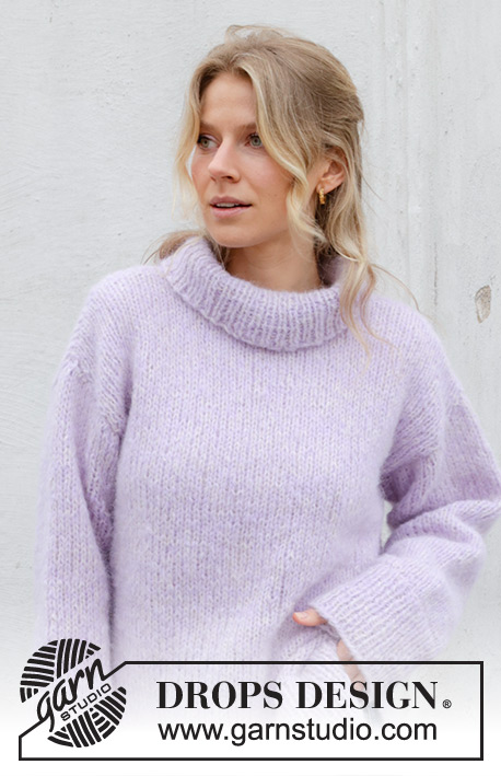 Lavender Story / DROPS 243-20 - Knitted jumper in DROPS Melody and DROPS Brushed Alpaca Silk. The piece is worked back and forth, bottom up, with sewn-in sleeves and high neck. Sizes S - XXXL.