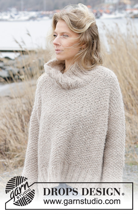 Outdoor Escape Sweater / DROPS 243-24 - Knitted jumper in DROPS Alpaca Bouclé and DROPS Brushed Alpaca Silk. The piece is worked top down with European/diagonal shoulders, moss stitch, high neck and split in sides. Sizes S - XXXL.