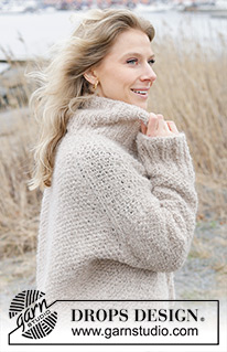 Outdoor Escape Sweater / DROPS 243-24 - Knitted sweater in DROPS Alpaca Bouclé and DROPS Brushed Alpaca Silk. The piece is worked top down with European/diagonal shoulders, moss stitch, high neck and split in sides. Sizes S - XXXL.
