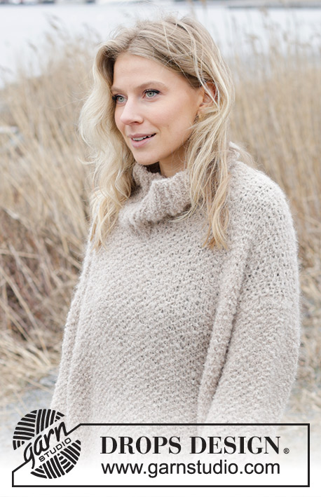 Outdoor Escape Sweater / DROPS 243-24 - Knitted sweater in DROPS Alpaca Bouclé and DROPS Brushed Alpaca Silk. The piece is worked top down with European/diagonal shoulders, moss stitch, high neck and split in sides. Sizes S - XXXL.