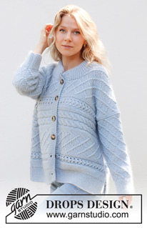 Snow Flake Cardigan / DROPS 243-31 - Rozpinany sweter na drutach, w poprzek robótki, z włóczek DROPS Merino Extra Fine i Kid-Silk. Z warkoczami, ściegiem ażurowym, podwójnym wykończeniem dekoltu i pęknięciami na bokach. Od XS do XXL.