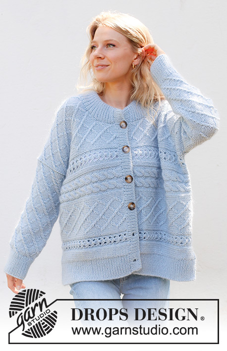 Snow Flake Cardigan / DROPS 243-31 - Knitted jacket in DROPS Merino Extra Fine and DROPS Kid-Silk. The piece is worked sideways with cables, lace pattern, double neck and split in sides. Sizes XS - XXL.
