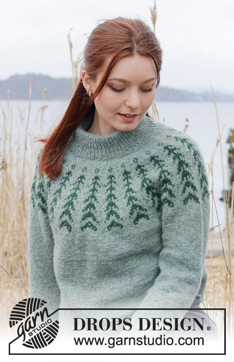 Ancient Woodlands Sweater / DROPS 244-1 - Knitted jumper in DROPS Sky. The piece is worked top down with double neck, round yoke, Nordic pattern and split in sides. Sizes S - XXXL.