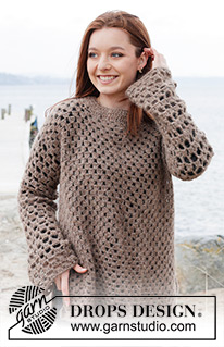Chestnut Bay / DROPS 244-14 - Crocheted jumper in DROPS Brushed Alpaca Silk and DROPS Flora. The piece is worked from the middle outwards, in squares. Sizes S - XXXL.
