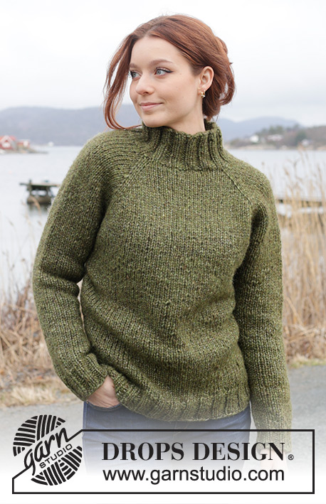 Mossy Slopes Jumper / DROPS 244-17 - Knitted sweater in 2 strands DROPS Air or 1 strand DROPS Wish. The piece is worked top down, with high neck and raglan. Sizes XS - XXL.