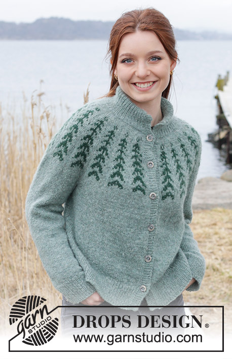 Ancient Woodlands Cardigan / DROPS 244-2 - Knitted jacket in DROPS Sky. The piece is worked top down with double neck, round yoke, Nordic pattern and split in sides. Sizes S - XXXL.