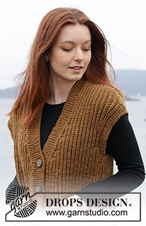 Caramel Ridge / DROPS 244-20 - Knitted vest in DROPS Alaska. The piece is worked bottom up with English rib, V-neck, pockets and split in sides. Sizes S - XXXL.