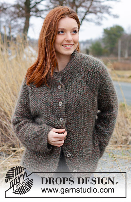 Forest Trails Cardigan / DROPS 244-3 - Knitted jacket in 4 strands DROPS Kid-Silk. The piece is worked top down with moss stitch, double neck, raglan and split in sides. Sizes S - XXXL.