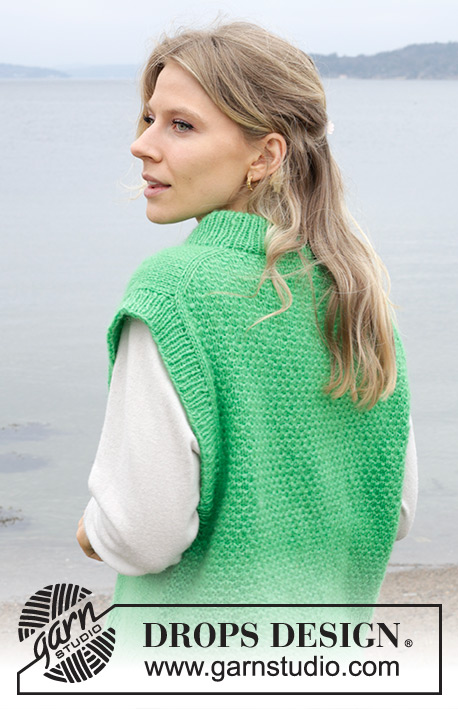Feel the Beat / DROPS 244-30 - Knitted vest in DROPS Air. The piece is worked top down with European/diagonal shoulders, double neck, moss stitch on back piece and split in sides. Sizes S - XXXL.