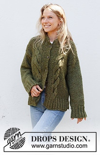 Moss Vine Cardigan / DROPS 244-31 - Knitted jacket in 2 strands DROPS Air or 1 strand DROPS Wish. The piece is worked bottom up with cables, moss stitch, split in sides and double neck. Sizes XS - XXL.