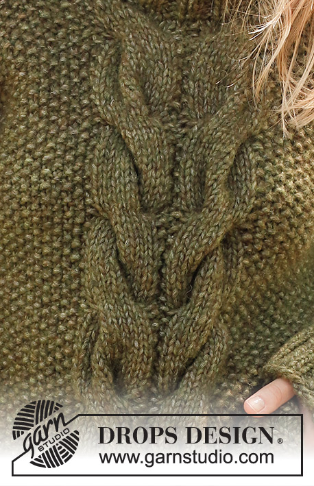 Moss Vine Sweater / DROPS 244-32 - Pull tricoté de bas en haut avec 2 fils DROPS Air ou avec 1 fil DROPS Wish. Se tricote avec torsades, point de riz, fente sur les côtés et col doublé. Du XS au XXL.