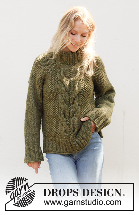Moss Vine Sweater / DROPS 244-32 - Knitted sweater in 2 strands DROPS Air or 1 strand DROPS Wish. The piece is worked bottom up with cables, moss stitch, split in sides and double neck. Sizes XS - XXL.