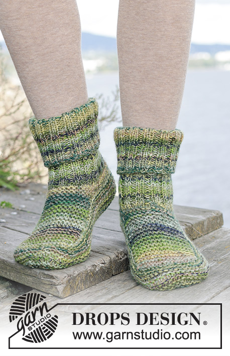 Woodland Trail / DROPS 244-34 - Knitted slippers with garter stitch and rib, in 2 strands DROPS Fabel. Sizes 35 – 43 = US 4 1/2 - 12 1/2.