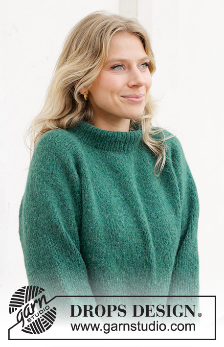Green Hill Sweater / DROPS 244-7 - DROPS Air lõngast ülevalt alla kootud raglaanvarrukatega ja topeltkaelusega džemper suurustele S kuni XXXL