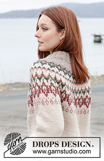 Forest Echo Sweater / DROPS 244-9 - Strikket bluse i DROPS Nepal. Arbejdet strikkes oppefra og ned med rundt bærestykke, flerfarvet mønster, dobbelt halskant og slids i siderne. Størrelse S - XXXL.