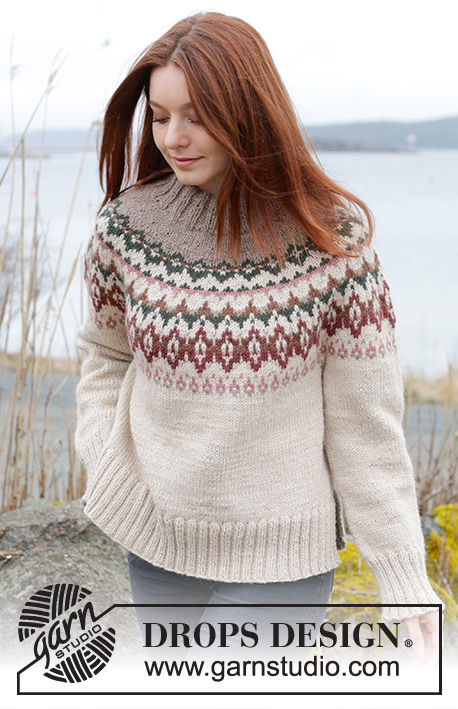 Forest Echo Sweater / DROPS 244-9 - Strikket bluse i DROPS Nepal. Arbejdet strikkes oppefra og ned med rundt bærestykke, flerfarvet mønster, dobbelt halskant og slids i siderne. Størrelse S - XXXL.