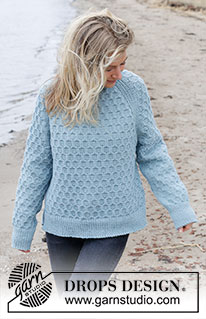 Mermaid Bay / DROPS 245-1 - Knitted jumper in DROPS Nepal. The piece is worked top down with double neck, raglan, bee-cube pattern and split in sides. Sizes S - XXXL.