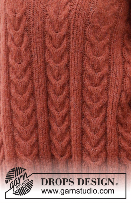 Flaming Heart Sweater / DROPS 245-10 - Pulovr s copánky, stojáčkem a postranními rozparky pletený v řadách zdola nahoru z příze DROPS Brushed Alpaca Silk. Velikost S – XXXL.
