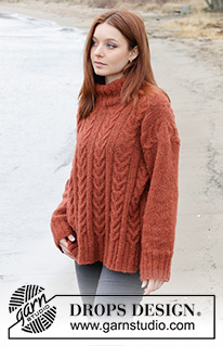Flaming Heart Sweater / DROPS 245-10 - Alhaalta ylös neulottu pusero DROPS Brushed Alpaca Silk -langasta. Työssä on palmikoita, kaksinkertainen kaulus ja sivuhalkiot. Koot S-XXXL.