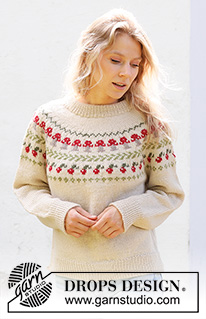 Mushroom Season Sweater / DROPS 245-11 - Knitted jumper in DROPS Karisma. The piece is worked top down with double neck, round yoke, coloured pattern with fungi and berries and split in sides. Sizes S - XXXL.