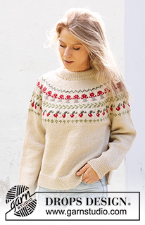 Mushroom Season Sweater / DROPS 245-11 - Knitted jumper in DROPS Karisma. The piece is worked top down with double neck, round yoke, coloured pattern with fungi and berries and split in sides. Sizes S - XXXL.