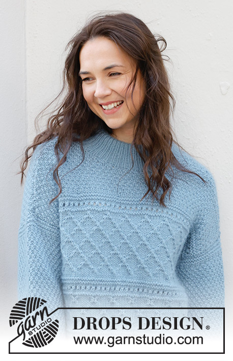Blue Diamonds Sweater / DROPS 245-14 - Knitted jumper in DROPS Karisma and DROPS Kid-Silk. The piece is worked top down with diagonal shoulders, relief-pattern, split in sides and double neck. Sizes S - XXXL.