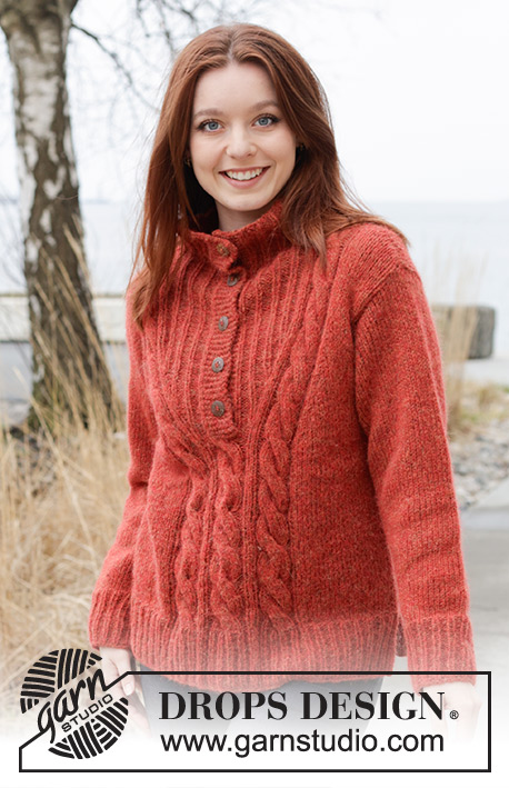 Autumn Blaze / DROPS 245-17 - Knitted jumper in DROPS Air. The piece is worked bottom up with high neck, cables and split in sides. Sizes S - XXXL.
