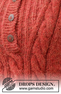 Autumn Blaze / DROPS 245-17 - Sweter na drutach, przerabiany od dołu do góry, z włóczki DROPS Air. Z wysokim wykończeniem dekoltu, warkoczami i pęknięciami na bokach. Od S do XXXL.