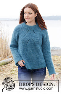 Autumn Sea / DROPS 245-2 - Knitted jumper in 2 strands DROPS Kid-Silk. The piece is worked top down with relief-pattern, double neck and split in sides. Sizes S - XXXL.