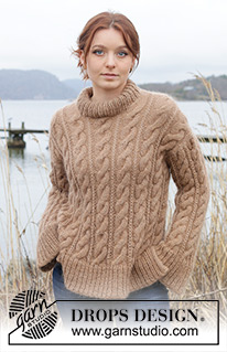 Cinnamon Swirls / DROPS 245-20 - Knitted sweater in DROPS Puna and DROPS Kid-Silk. The piece is worked top down with European/diagonal shoulders, cables, double neck and split in sides. Sizes S - XXXL.