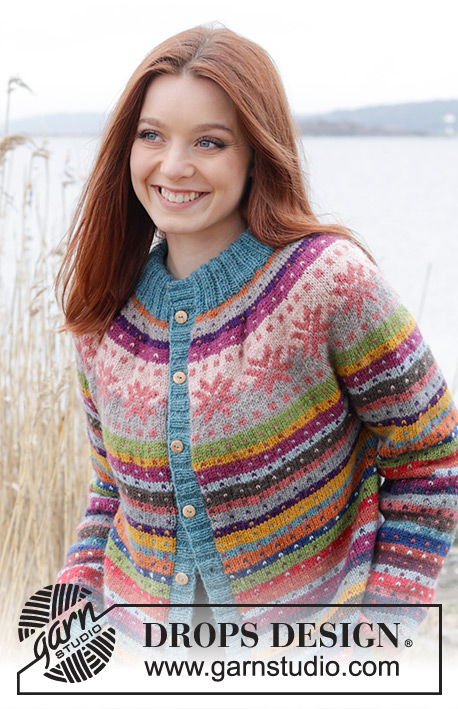 December Carnival Cardigan / DROPS 245-6 - Knitted jacket in DROPS Karisma. The piece is worked top down with round yoke, Nordic pattern and double neck. Sizes XS - XXL.