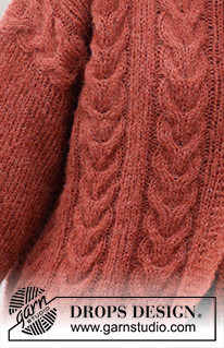 Flaming Heart Cardigan / DROPS 245-9 - Gebreid vest in DROPS Brushed Alpaca Silk. Het werk wordt van onder naar boven gebreid met kabels, dubbele halsrand en split in de zijkanten. Maten S - XXXL.