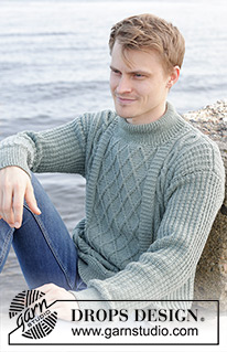 Ocean Ropes / DROPS 246-2 - Pánský pulovr s copánky a vsazovanými rukávy pletený zdola nahoru z příze DROPS Merino Extra Fine. Velikost S - XXXL.
