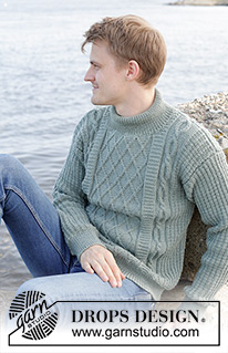 Ocean Ropes / DROPS 246-2 - Pánský pulovr s copánky a vsazovanými rukávy pletený zdola nahoru z příze DROPS Merino Extra Fine. Velikost S - XXXL.