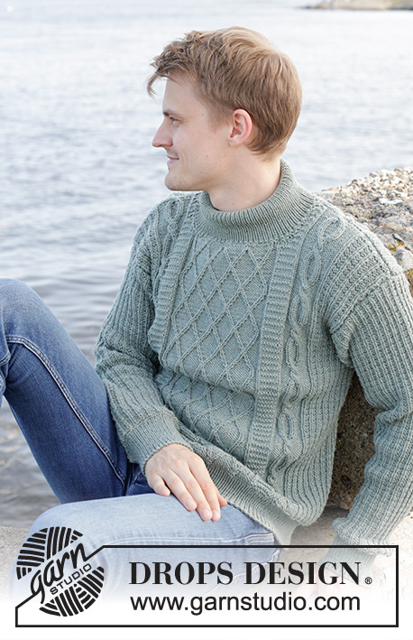 Ocean Ropes / DROPS 246-2 - Knitted jumper for men in DROPS Merino Extra Fine. The piece is worked bottom up with relief-pattern, cables, sewn-in sleeves and double neck. Sizes S - XXXL.