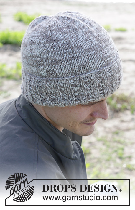 Winter Marble Hat / DROPS 246-28 - Bonnet tricoté pour homme avec 2 fils DROPS Alpaca. Se tricote de bas en haut, en jersey, avec bordure en côtes. Du M au XL.