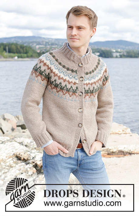 Autumn Reflections Cardigan / DROPS 246-3 - Knitted jacket for men in DROPS Nepal. The piece is worked top down with round yoke, multi-coloured pattern and double neck. Sizes S - XXXL.