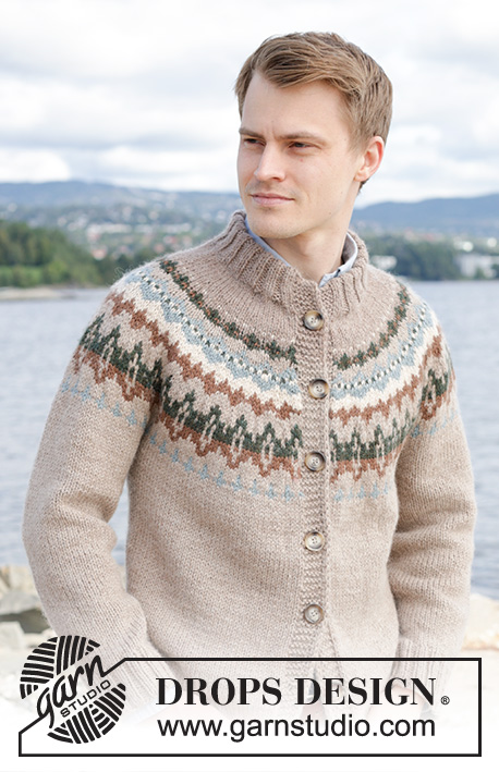 Autumn Reflections Cardigan / DROPS 246-3 - Knitted jacket for men in DROPS Nepal. The piece is worked top down with round yoke, multi-colored pattern and double neck. Sizes S - XXXL.