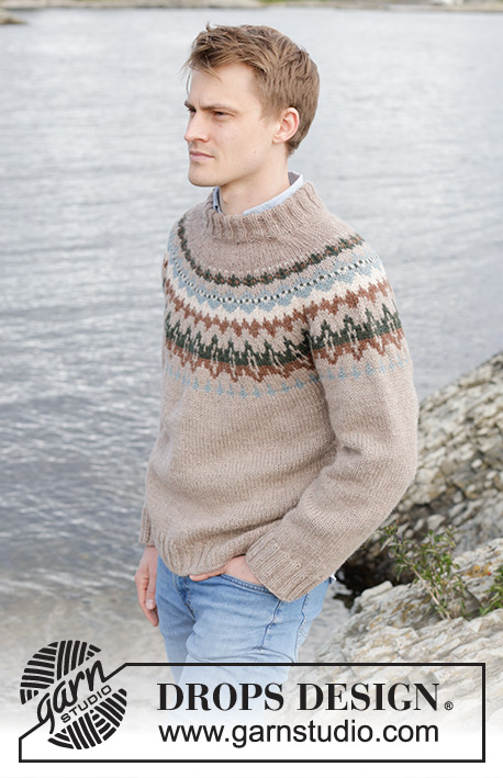 Autumn Reflections Sweater / DROPS 246-4 - Męski sweter na drutach, przerabiany od góry do dołu, z włóczki DROPS Nepal. Z zaokrąglonym karczkiem i żakardem. Od S do XXXL.
