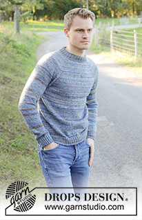 Blue Terrain / DROPS 246-41 - Knitted jumper for men in DROPS Fabel. The piece is worked top down with raglan and double neck. Sizes S - XXXL.