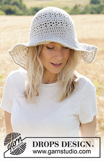 Bella Donna / DROPS 247-3 - Crocheted hat in DROPS Bomull-Lin or DROPS Paris. The piece is worked top down with lace pattern and large brim.